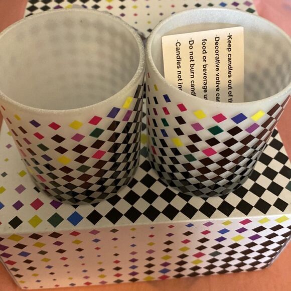 NEW-Bloomingdale’s Checkerboard Rainbow Glass Votive Candle Holders - Picture 1 of 5